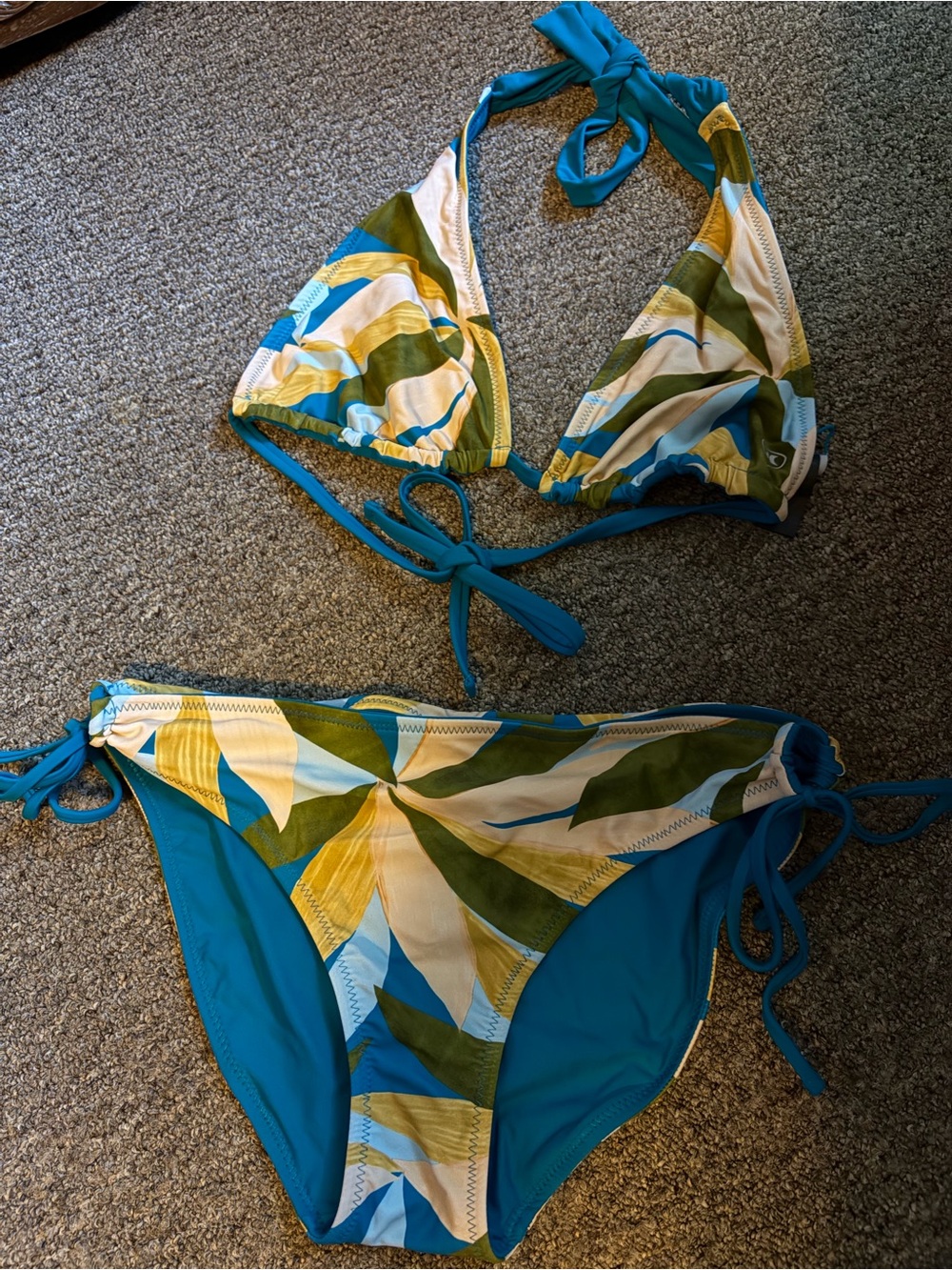 Blue Leaf Print Reversible Tie Bikini Set